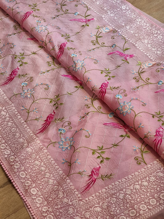 Pink organza Parsi saree