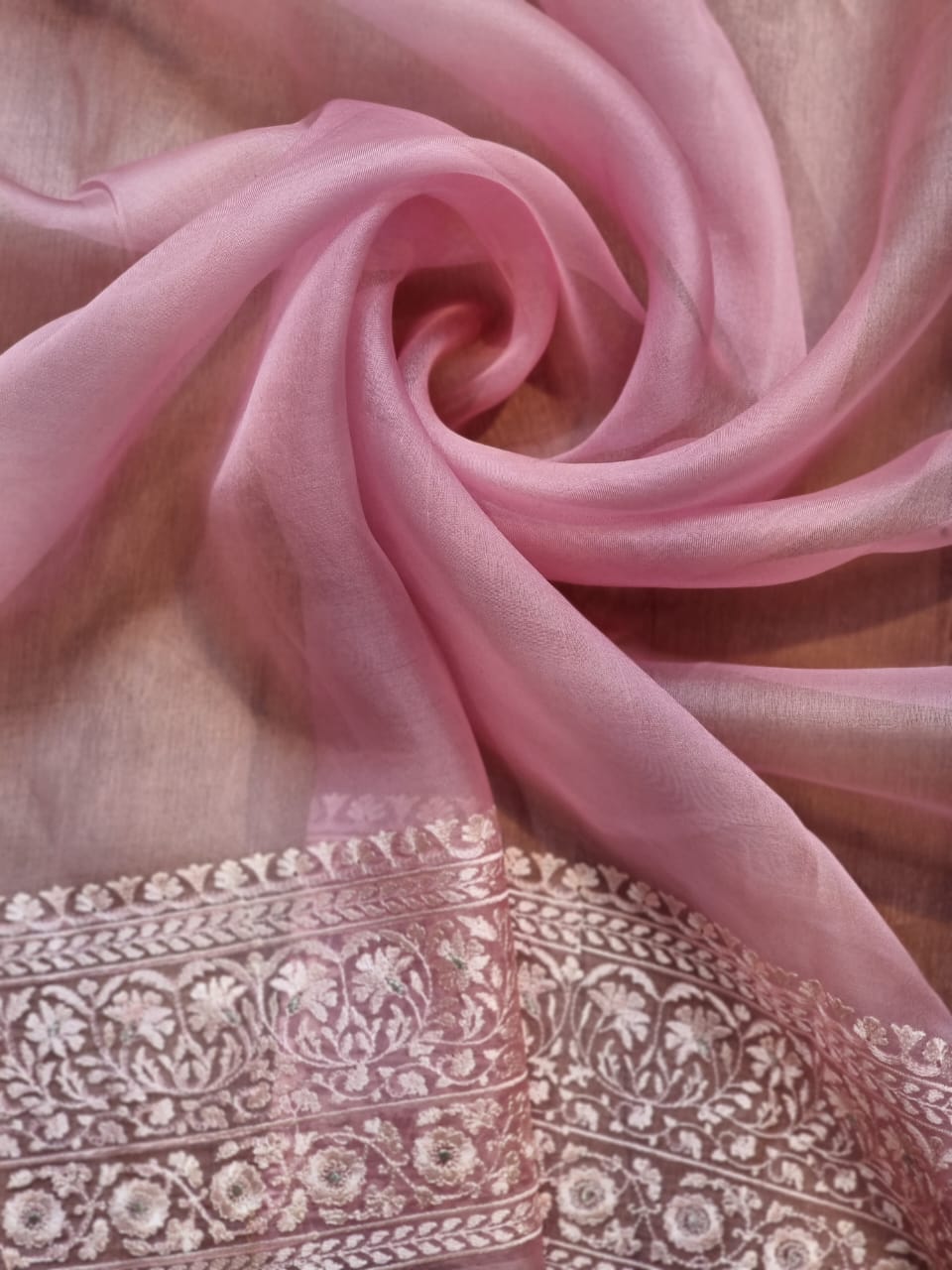 Pink organza Parsi saree