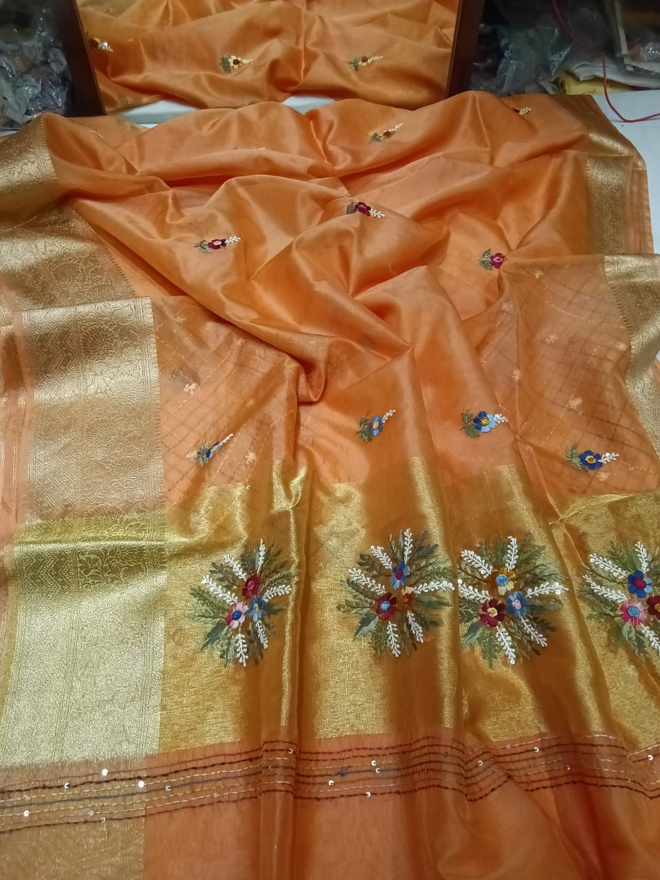 Kanchi organza saree with Frenchknot work