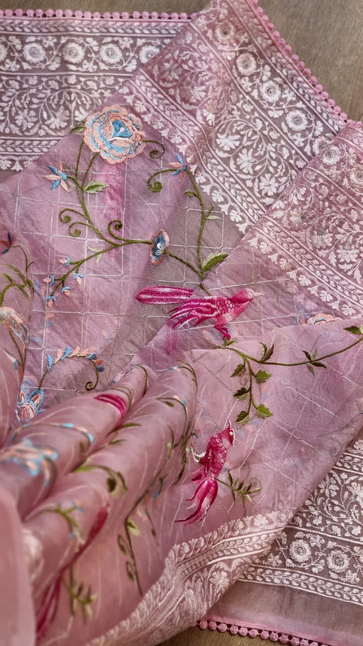 Pink organza Parsi saree