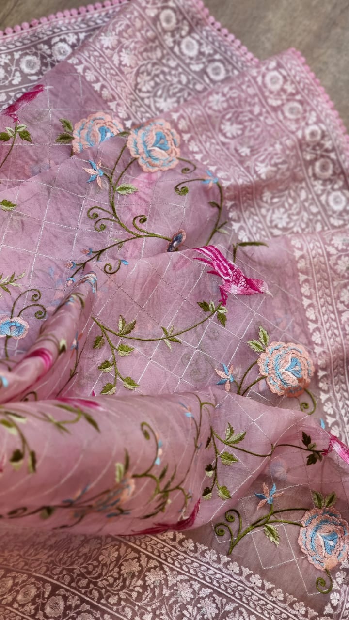 Pink organza Parsi saree