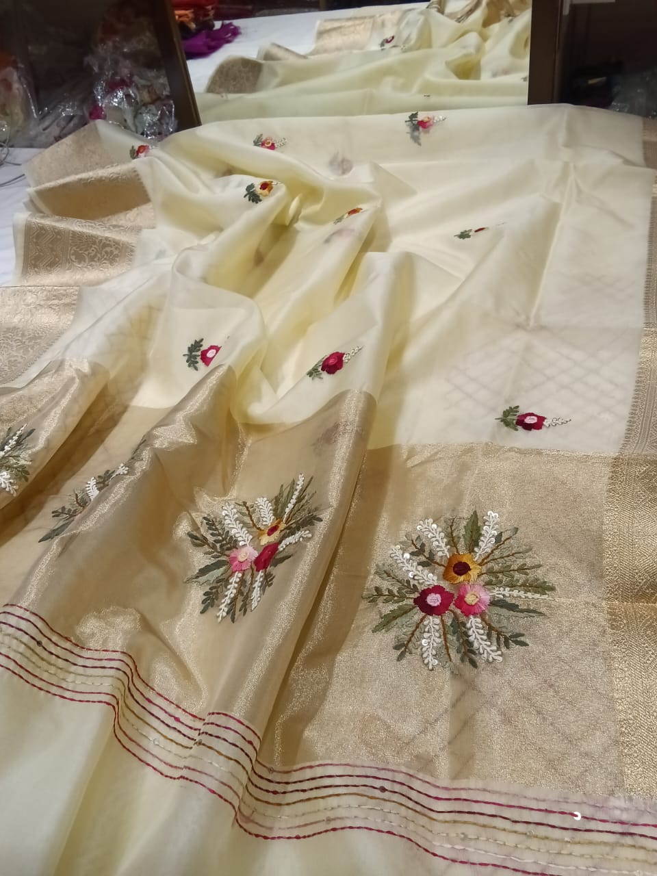 Kanchi organza saree with Frenchknot work