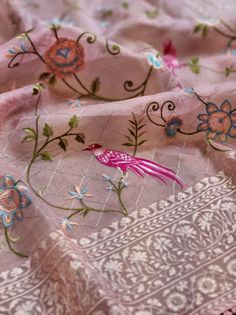 Pink organza Parsi saree