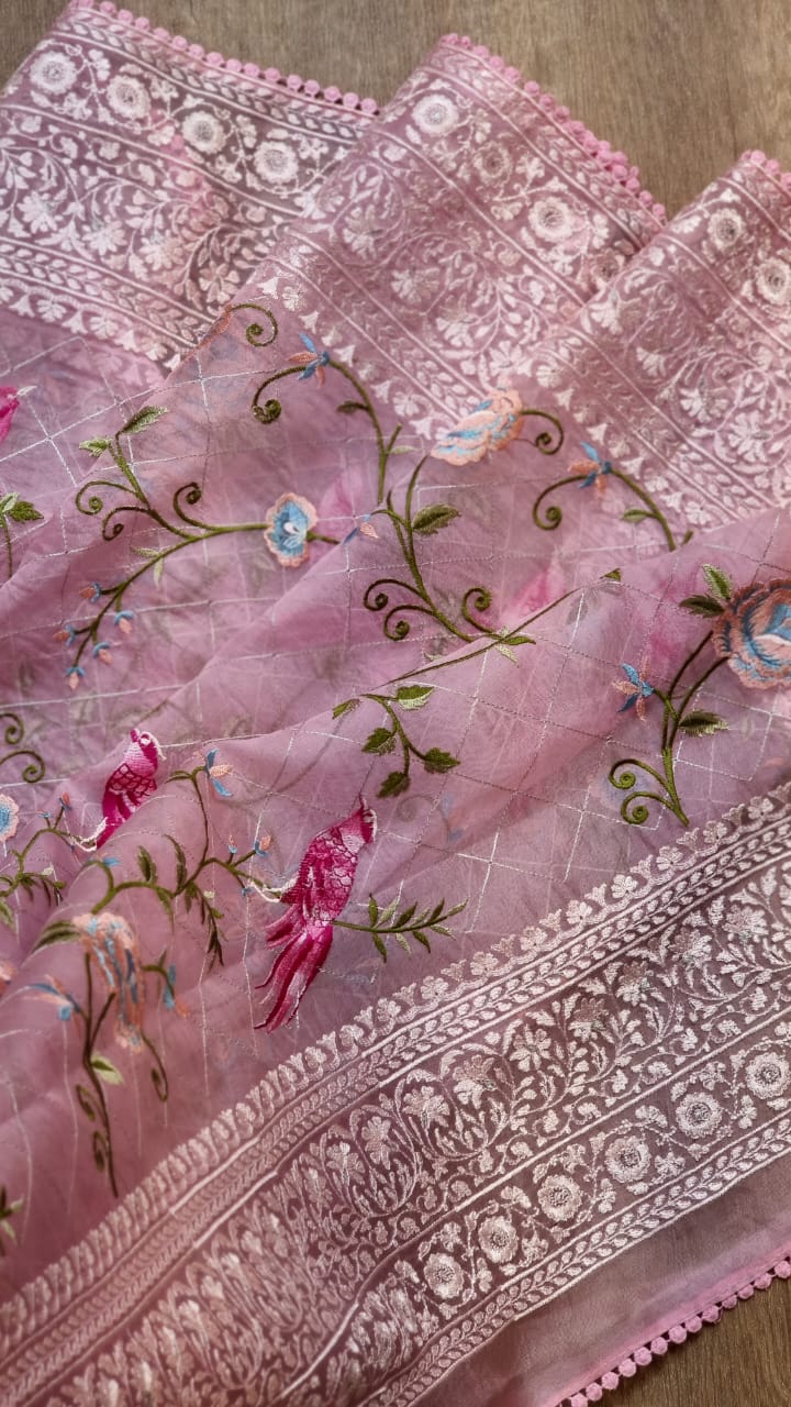 Pink organza Parsi saree