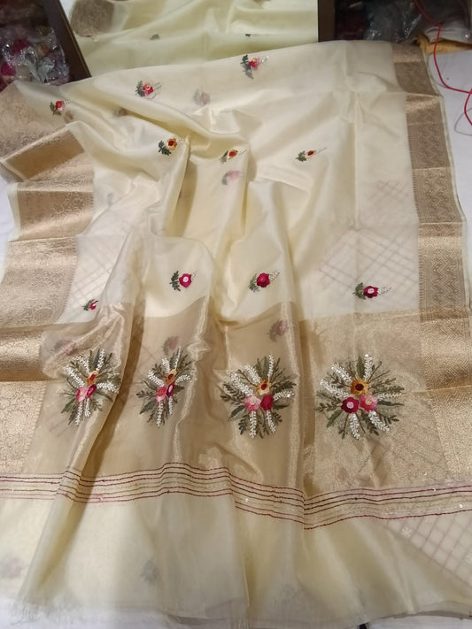 Kanchi organza saree with Frenchknot work